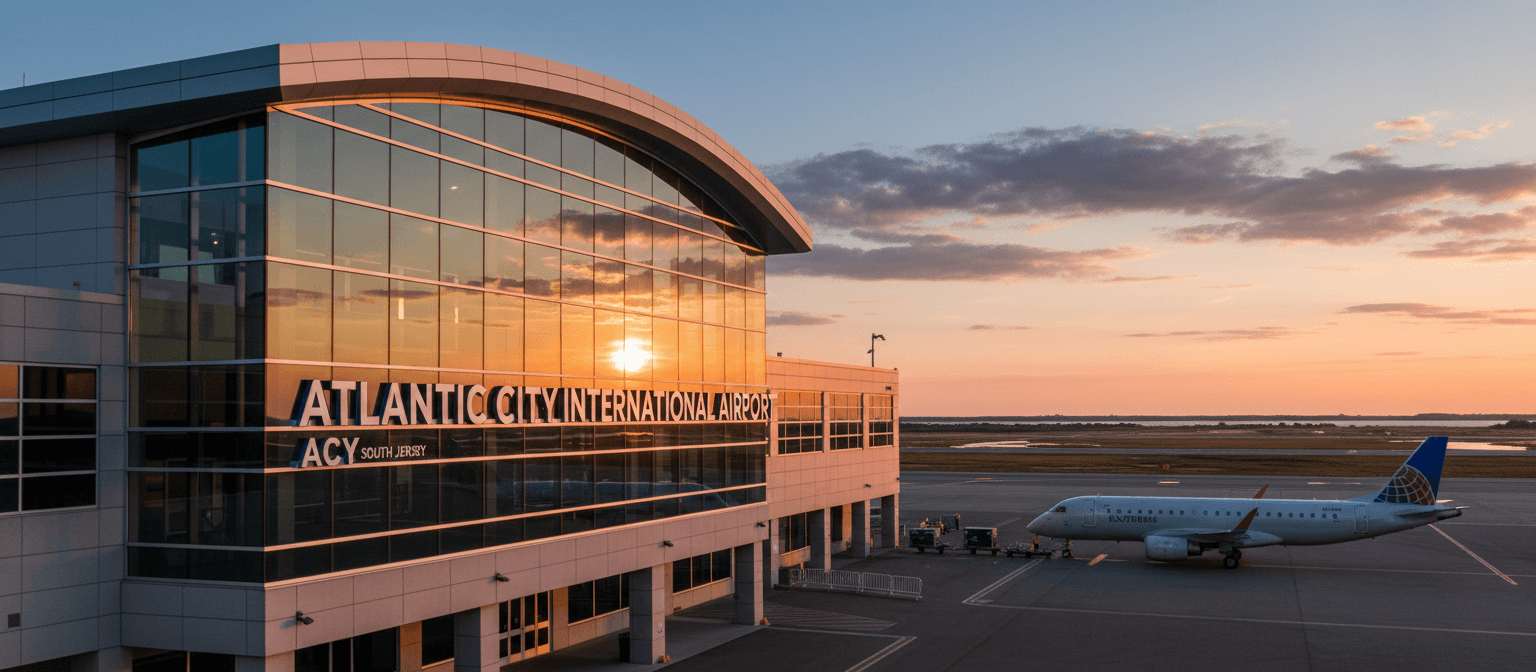 Atlantic City International Airport terminal exterior at dusk