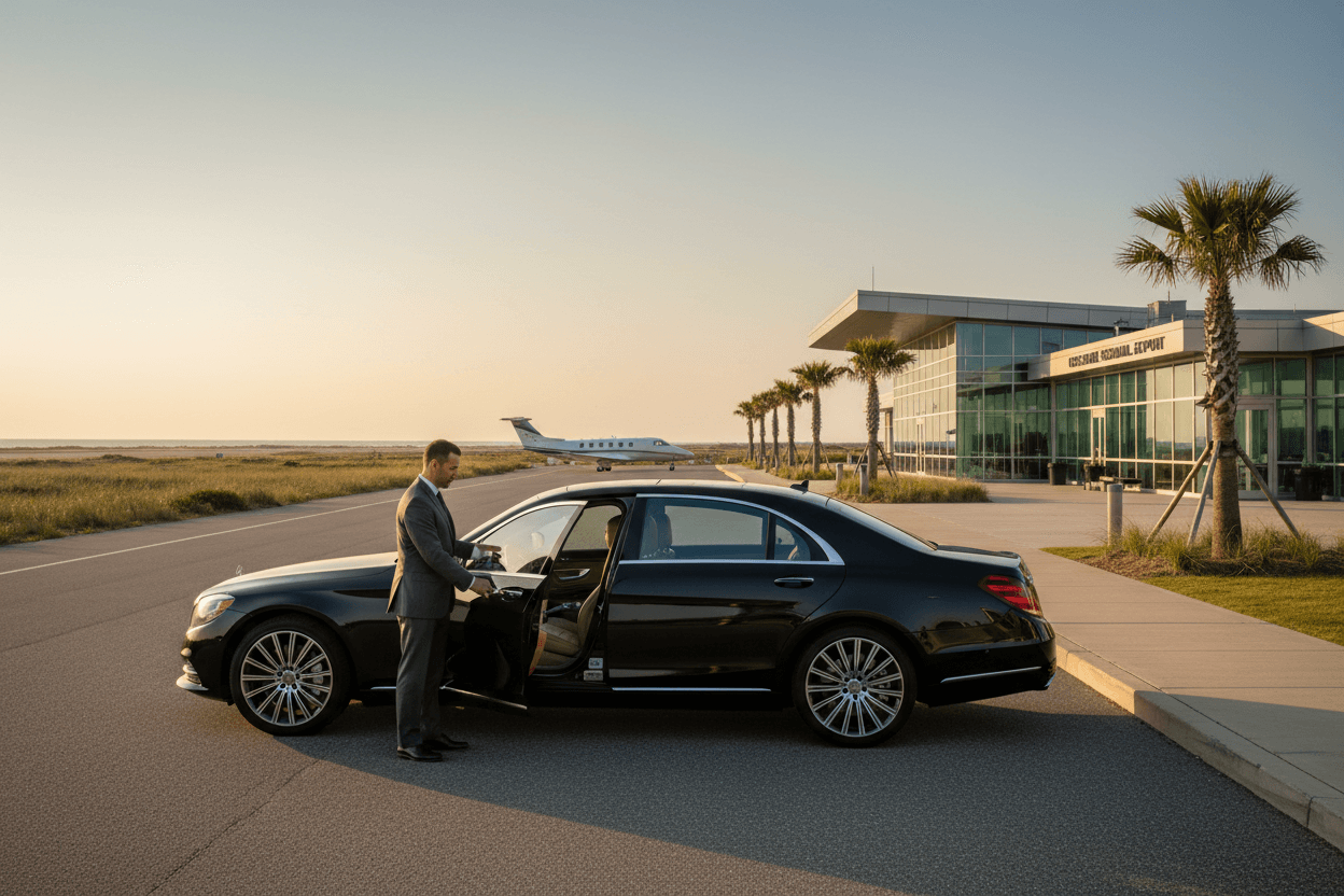 Professional chauffeur opening a luxury sedan door at the airport