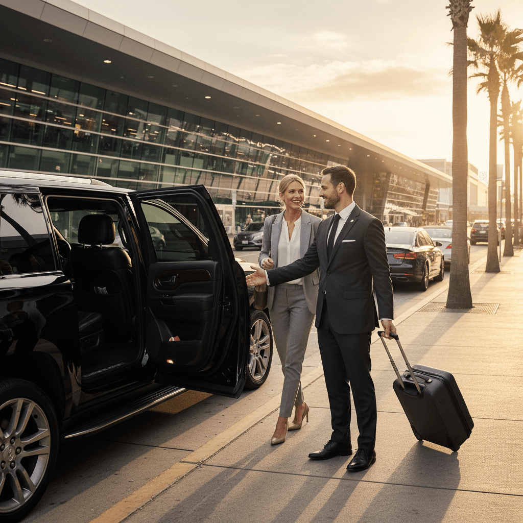 Chauffeur assisting guests at an airport transfer pickup