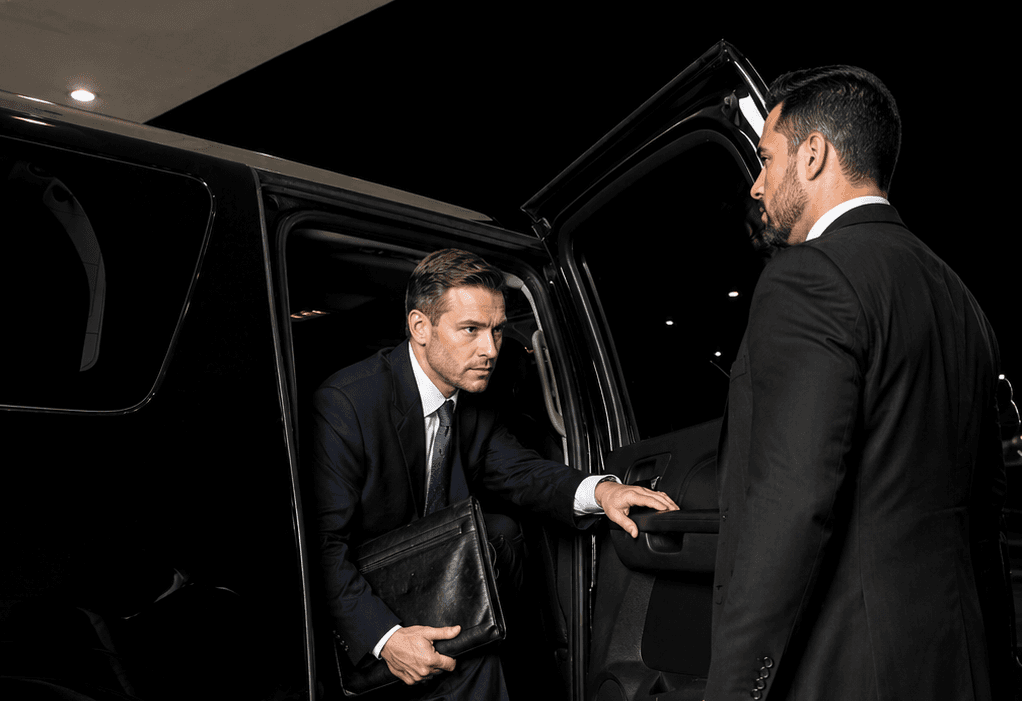 Luxury SUV and private jet on airport tarmac