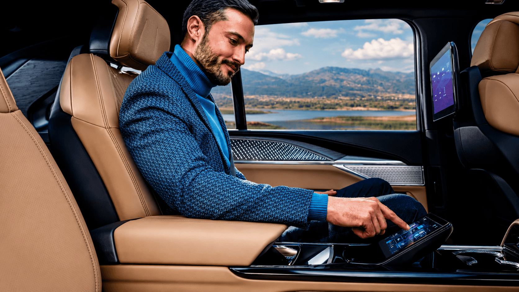 Professional chauffeur standing in front of a luxury sedan