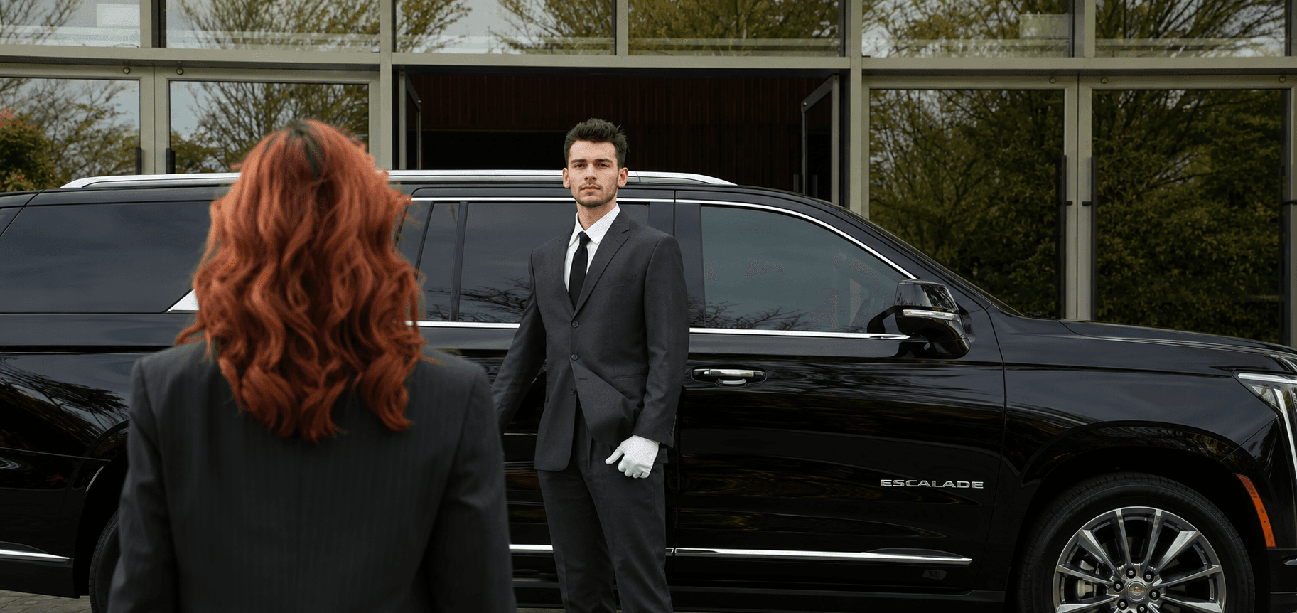 Luxury chauffeur and client beside a premium sedan