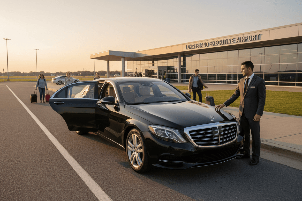 Professional chauffeur opening a luxury sedan door at the airport curb