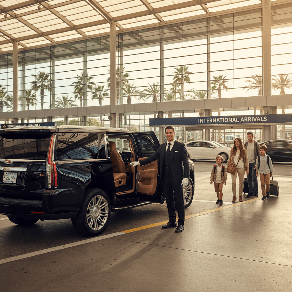 Chauffeur assisting guests at an airport transfer pickup