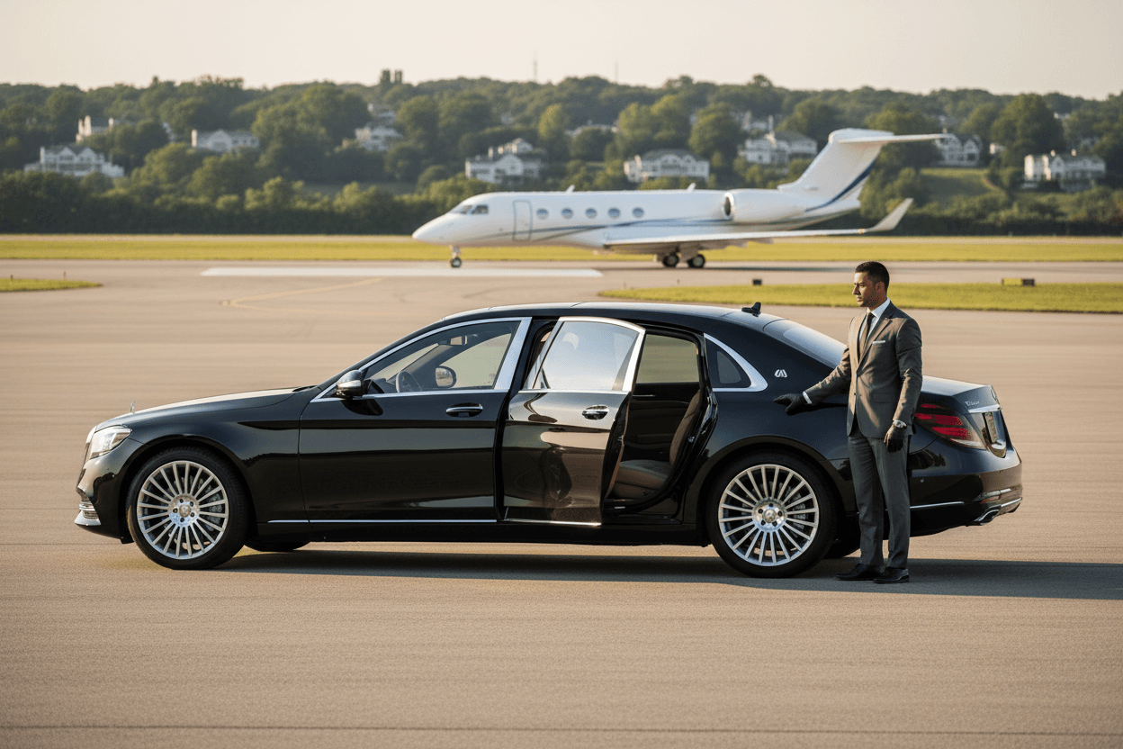 Professional chauffeur assisting a passenger beside a luxury sedan on the airfield
