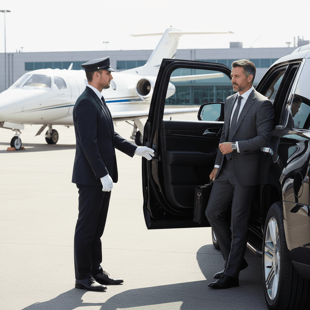 Chauffeur assisting guests at an airport transfer pickup