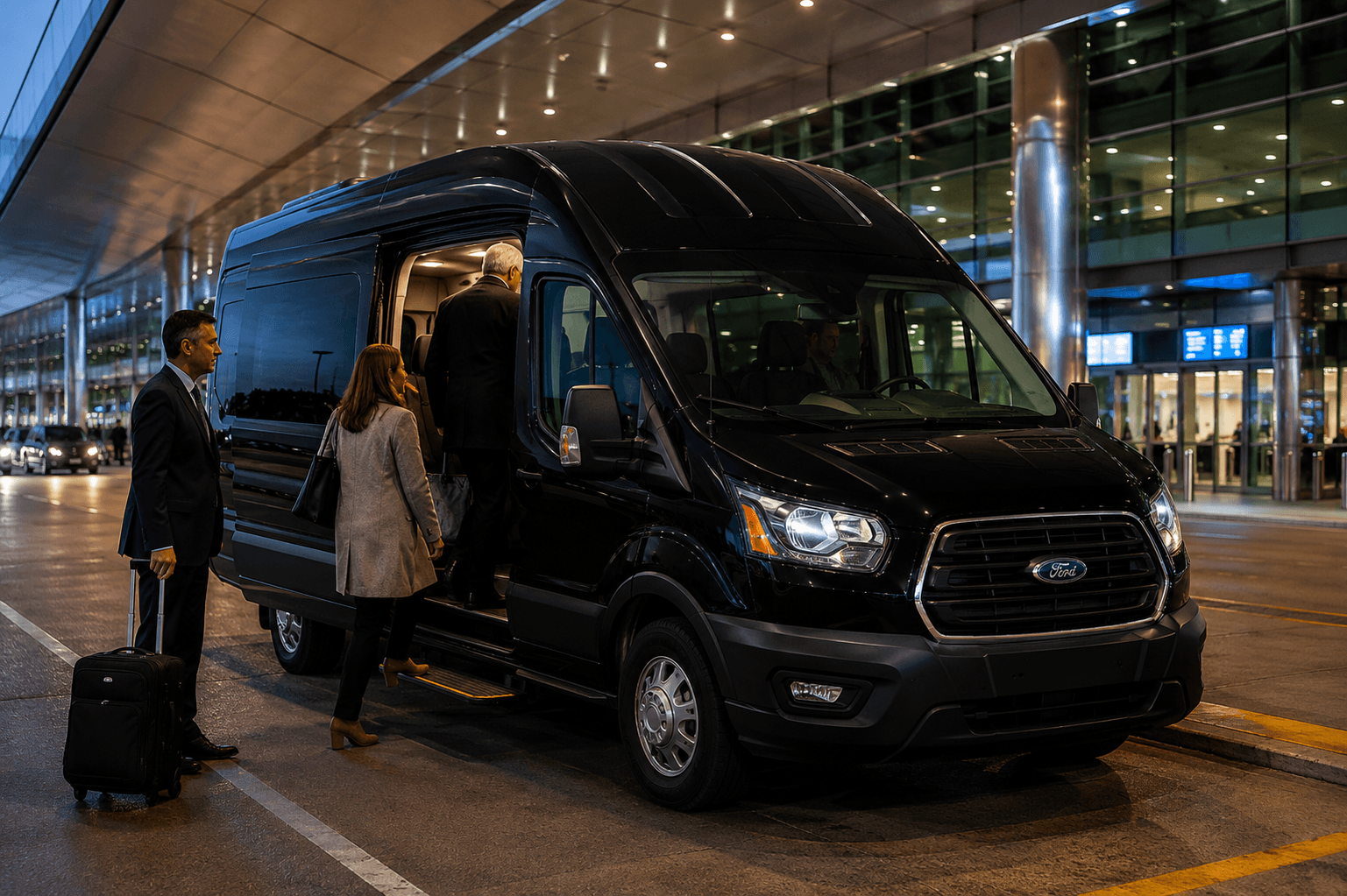 Luxury SUV pickup outside an airport terminal