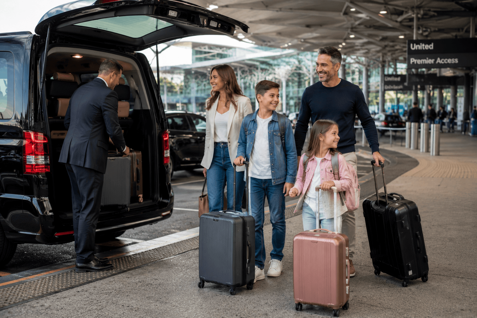 Chauffeur assisting guests at an airport transfer pickup