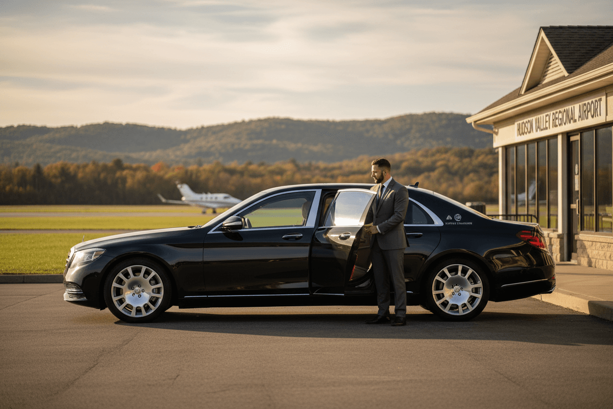 Professional chauffeur standing by a luxury sedan at the airport