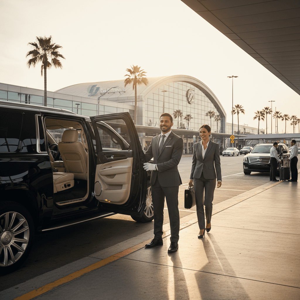 Chauffeur assisting guests at an airport transfer pickup