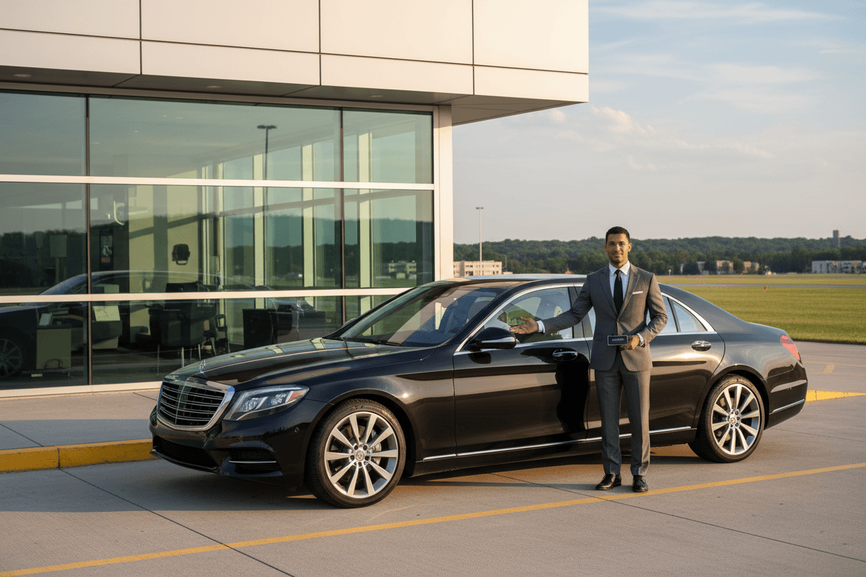 Professional chauffeur standing beside a luxury sedan at the airport